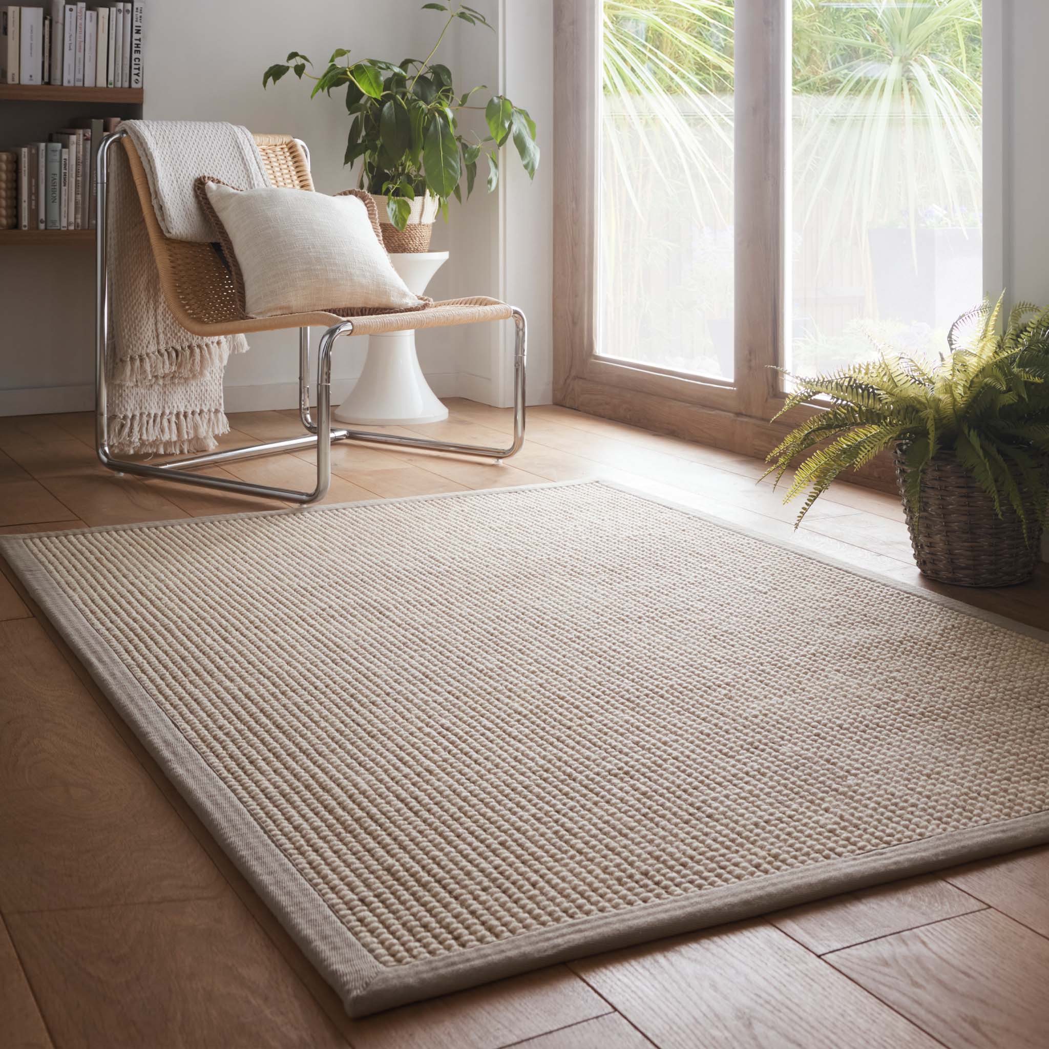 Origins Sisal Boucle with Soft Grey Border- a wool blend rug featuring a soft grey border. 