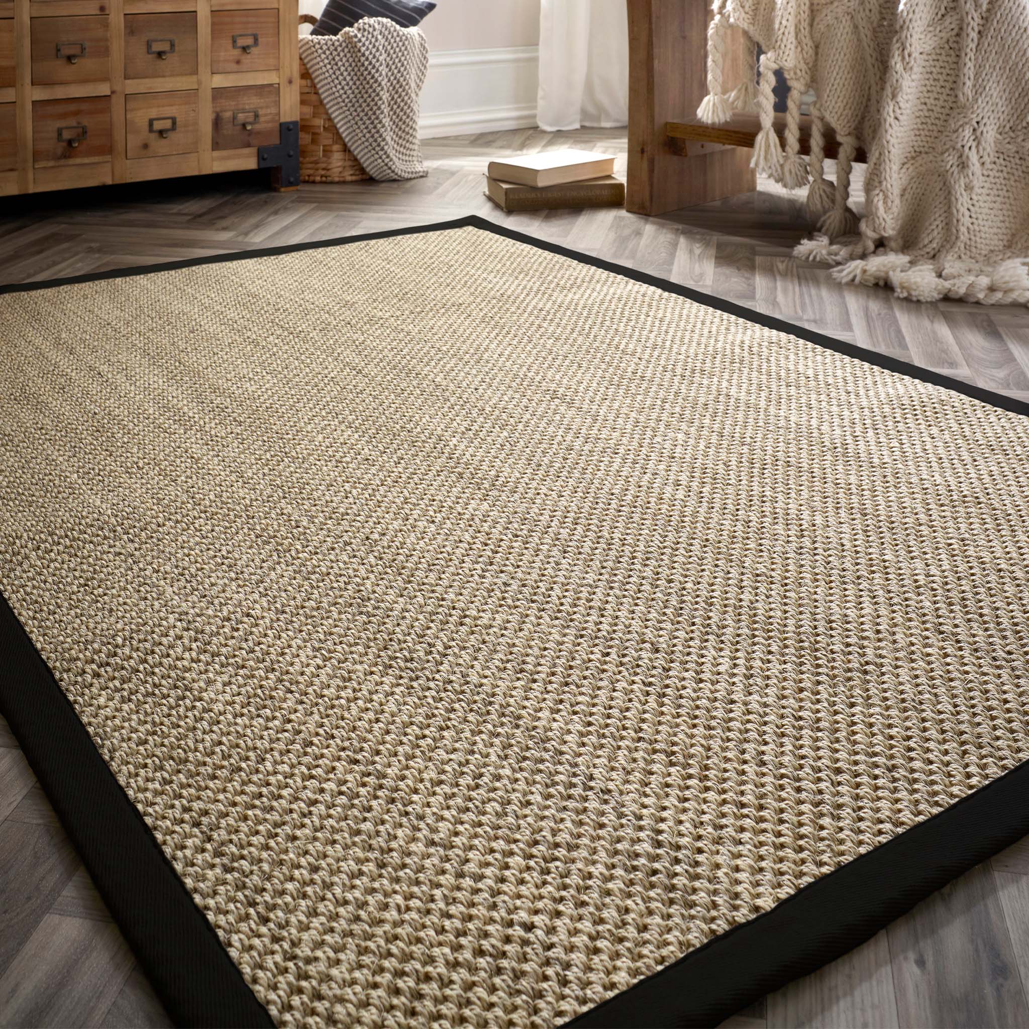 Origins Sisal Light Beige with Black Border- made from 100% sisal featuring a black border.