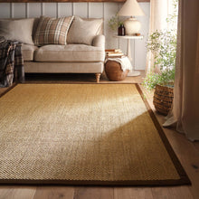 Load image into Gallery viewer, Origins Sisal Warm Natural with Dark Brown Border- a natural rug made from 100% sisal featuring a brown border.
