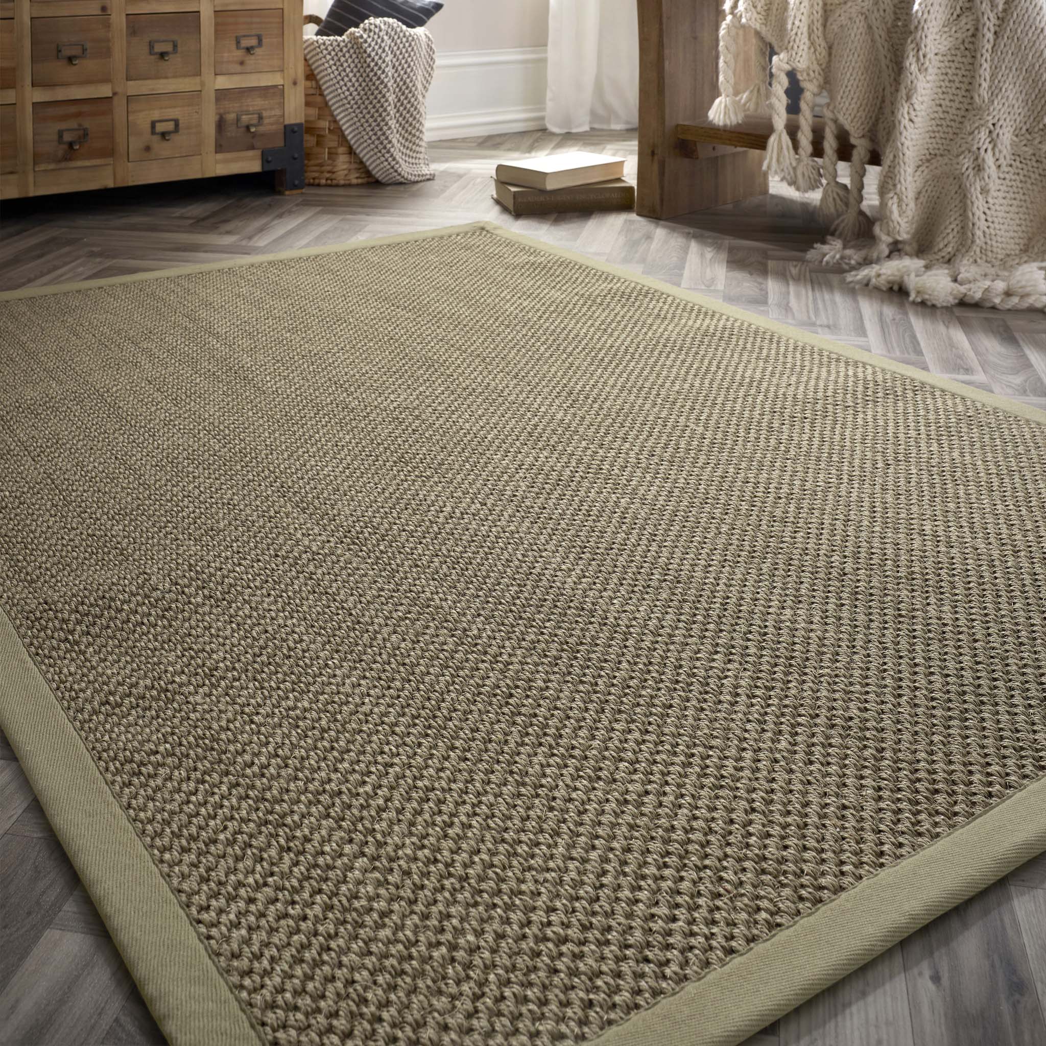Origins Sisal Sage Green with Sage Green Border- a sage green sisal rug featuring a green border.